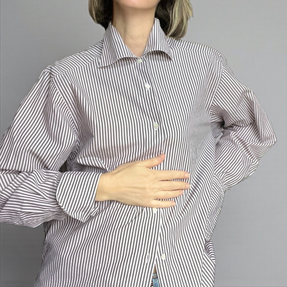 Vintage 90s Burberrys Navy and Nude Striped Blouse Button Front Shirt Large - Picture 2 of 12